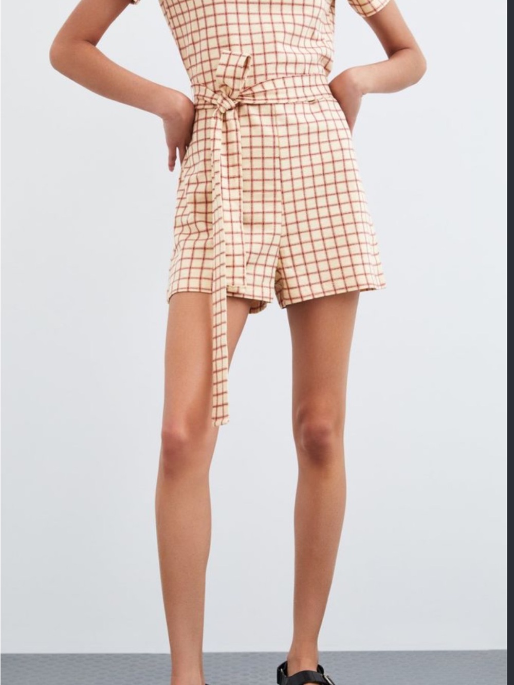 Zara Cream Dress with Burgundy Windowpane Tie Waist